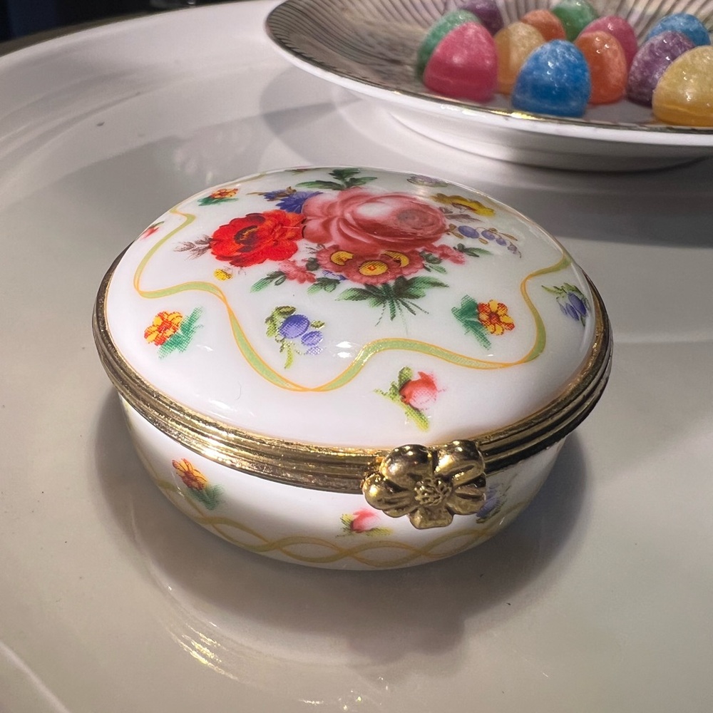 Del Prado Floral Porcelain Trinket Box with Gold Accents